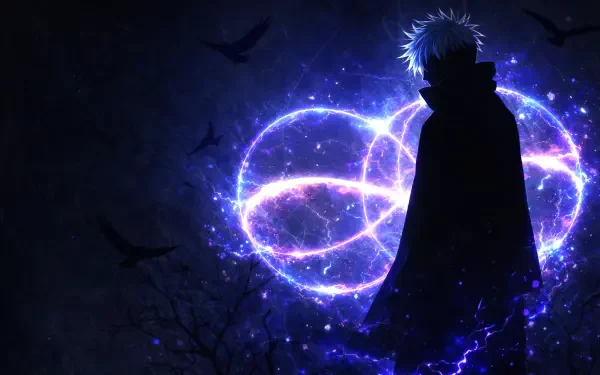 Silhouetted Satoru Gojo from Jujutsu Kaisen against a glowing purple-blue Infinity symbol, Six Eyes theme; 2K Quad HD anime PC desktop wallpaper.