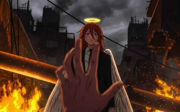 Angel Devil (Chainsaw Man) stands with halo and wings amid a burning city as a hand reaches toward her — anime 5K Ultra HD PC wallpaper referencing Salvation (TV Show).