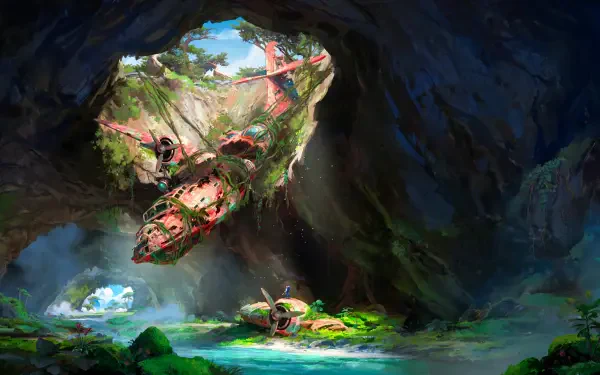 Concept art 2K Quad HD PC desktop wallpaper: fantasy-adventure cave with a mossy plane crash half-submerged in a luminescent lagoon beneath a sunlit cavern opening.