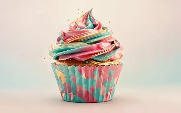 4K Ultra HD PC desktop wallpaper: pastel rainbow cupcake with swirled frosting, gold accents and sprinkles on a soft gradient background.