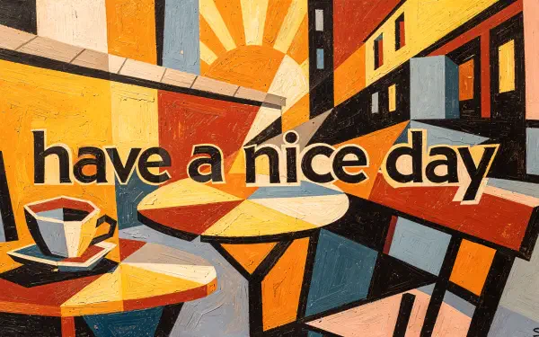 Retro geometric cafe scene with coffee cup and tables and bold have a nice day text — 4K Ultra HD PC desktop wallpaper/background.