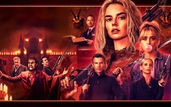Ready or Not 2 HD PC desktop wallpaper — red-hued collage of armed characters: a determined young woman center, others holding guns, a candlelit courtroom and a masked figure looming.