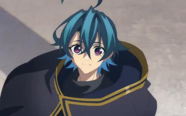 HD PC desktop wallpaper of Will Serfort from the anime Wistoria: Wand and Sword - a blue-haired youth in a dark cloak with gold trim, looking up with gentle, curious eyes.