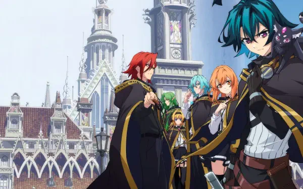 Wistoria: Wand and Sword — 4K Ultra HD PC desktop wallpaper of cloaked heroes wielding wands and swords posed before a soaring, ornate cathedral.