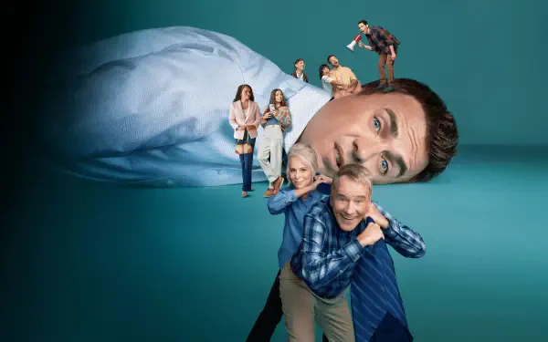 Malcolm in the Middle: Life's Still Unfair 4K Ultra HD PC desktop wallpaper — oversized father's head on its side with the family posed along his neck against a teal background.