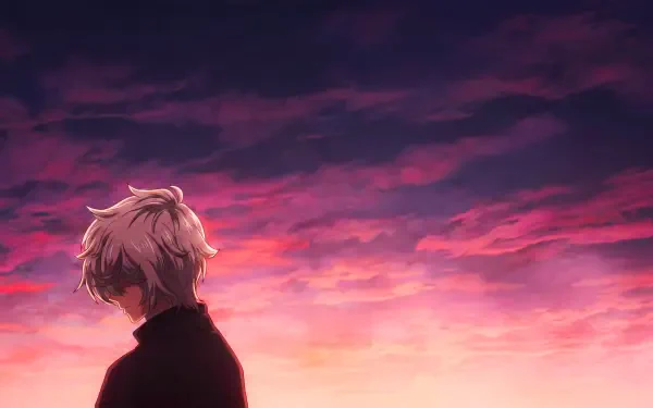 Gabimaru from Hell's Paradise gazes at a vivid pink-purple sunset; 5K Ultra HD PC desktop wallpaper and background, anime style.