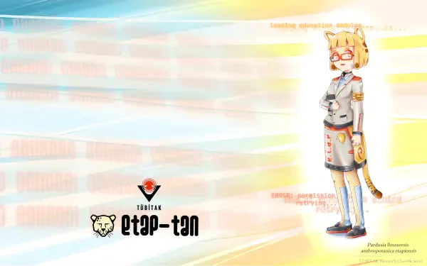 HD PC desktop wallpaper of Pardus OS-tan (Linux) anime cat-girl in uniform with tail, eyepatch and logos on a bright pastel streaked background