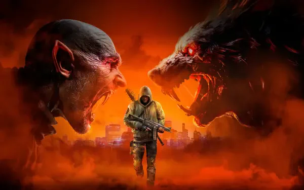 4K Ultra HD PC desktop wallpaper: lone hooded hunter with rifle walks through a fiery cityscape between snarling werewolf and vampiric faces — video game RPG, Hunter: The Reckoning.