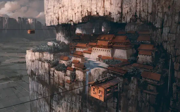 Digital art 2K Quad HD PC desktop wallpaper of cliffside architecture built into a sheer rock face, overlooking a vast landscape with cable cars and suspended buildings carved into the wall.