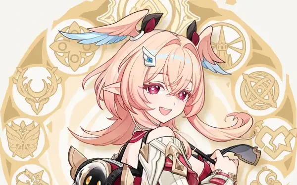 HD PC desktop wallpaper of Linnea from the video game Genshin Impact: pink-haired, feathered hairpieces and ornate golden sigils behind her, smiling in vibrant anime-style art.