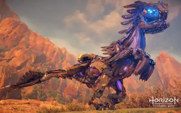 Horizon Forbidden West 4K Ultra HD PC desktop wallpaper: a glowing blue-eyed machine raptor prowls a sunlit red-rock canyon.