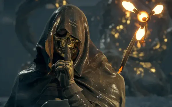Death Stranding 4K PC wallpaper: hooded skeletal figure shushing with a finger to its lips, rain-soaked cloak and glowing lantern casting eerie light across a dark, atmospheric landscape.