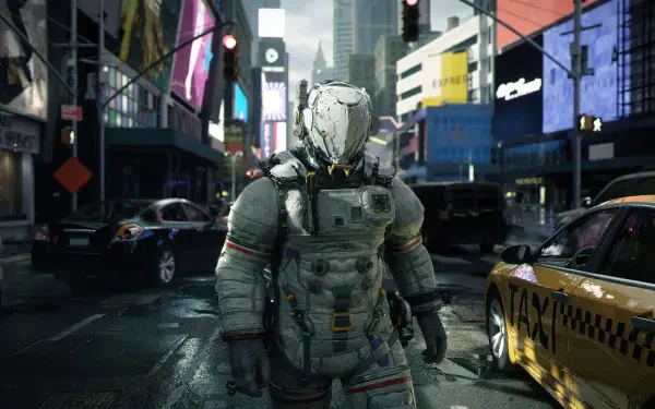 4K Ultra HD PC desktop wallpaper from the video game Pragmata: lone astronaut-suited figure walks a rain-slick neon city street amid taxis and digital billboards.