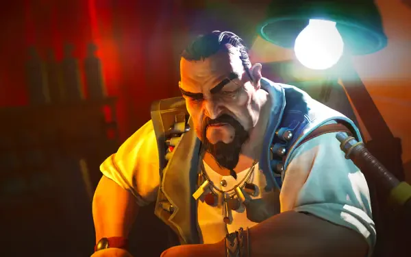 Tides of Tomorrow video game HD PC desktop wallpaper and background: burly bearded sea captain in a rugged jacket, lit by a hanging lamp, moody cinematic tones.