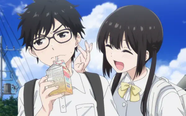 Anime HD PC desktop wallpaper: Miku Sakura (I Want to End this Love Game) laughing beside Yukiya Asagi, who sips a drink under a bright blue sky.