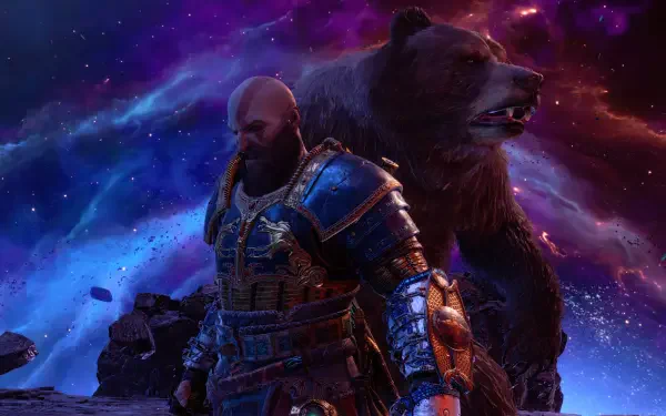 4K Ultra HD PC desktop wallpaper from the video game God of War: armored Kratos beside a massive bear beneath a swirling purple-blue cosmic sky.
