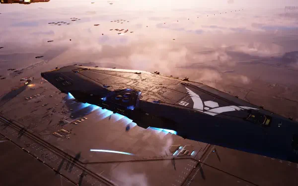 Homeworld video game 2K Quad HD PC desktop wallpaper/background: a massive capital ship hovers above a lit platform, blue engine thrusters glowing against a clouded sunset sky.