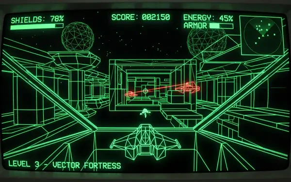 Neon-green retro wireframe space combat cockpit with HUD readouts and enemy targets — video game 5K Ultra HD PC Desktop Wallpaper and Background.
