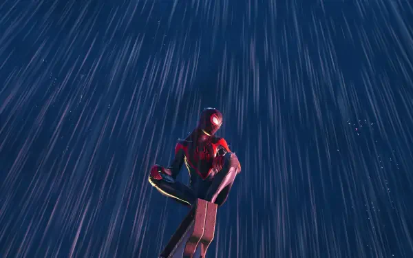 Spider-Man (PS4) in a red-and-black suit crouches on a ledge as rain streaks past in a dramatic low-angle shot — 4K Ultra HD PC desktop wallpaper and background.