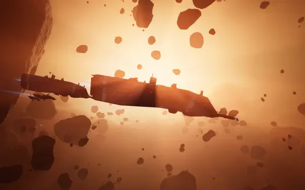 Homeworld video game 2K Quad HD PC desktop wallpaper: massive mothership moving through an orange-lit asteroid field in deep space.