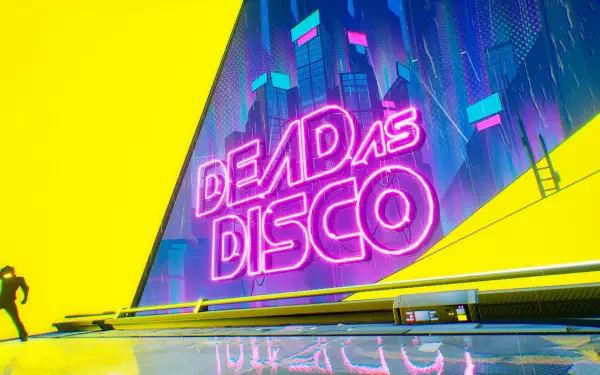 2K Quad HD PC desktop wallpaper for the video game Dead as Disco: neon-pink logo on a rain-soaked futuristic cityscape, yellow foreground and a silhouetted figure.