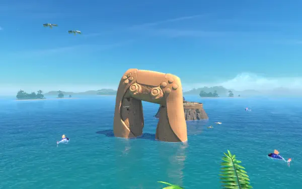 Astro Bot Rescue Mission video game 4K Ultra HD PC desktop wallpaper and background: turquoise ocean with a giant stone controller-shaped arch and tiny Astro Bot figures swimming.