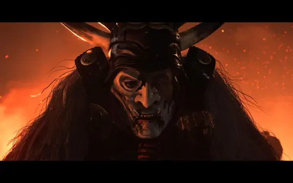 4K Ultra HD PC desktop wallpaper: a horned, masked samurai spirit from the video game Ghost of Yōtei, face half-lit by ember-orange glow with drifting ash.