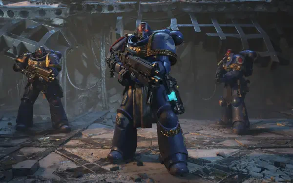 4K Ultra HD PC desktop wallpaper: Warhammer video game scene of a blue-armored Space Marine wielding a bolter, flanked by two comrades in a ruined sci-fi battlefield.
