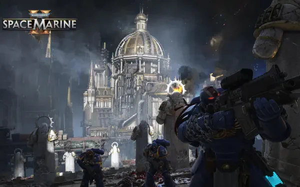4K Ultra HD PC desktop wallpaper from the Warhammer video game showing Space Marines in power armor with bolters before a massive gothic cathedral under a smoky, starry sky.