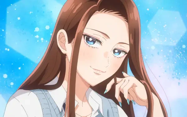 HD PC wallpaper of Kei Amane from the anime Gals Can't Be Kind to Otaku!? — a smiling brown‑haired girl with blue eyes posed against a sparkling blue background.