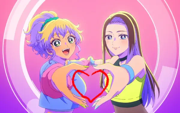 HD anime wallpaper of Kotoko Ijichi and Kei Amane from Gals Can't Be Kind to Otaku!? smiling and forming a heart with their hands against a pink circular background.
