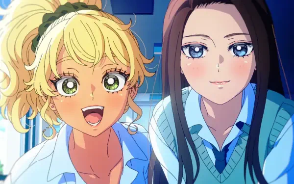 Anime HD desktop wallpaper: Kotoko Ijichi (left) and Kei Amane (right) from Gals Can't Be Kind to Otaku?! smiling together in bright school uniforms, close-up portrait.