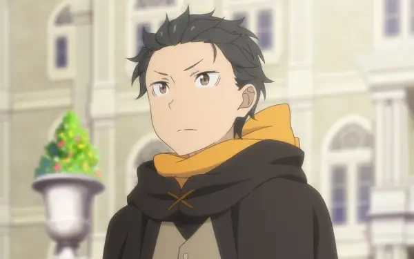 HD anime PC wallpaper of Subaru Natsuki from Gals Can't Be Kind to Otaku!? — standing resolute in a city square, wearing a dark cloak and bright orange scarf.