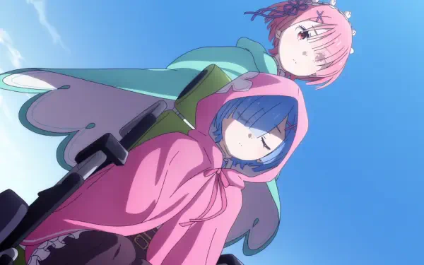 HD PC wallpaper: anime of Ram and Rem (Re:ZERO) from Gals Can't Be Kind to Otaku!? in pink and teal cloaks, viewed from below against a bright blue sky.