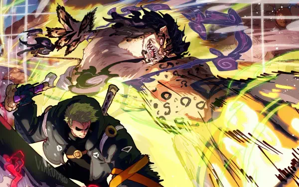 One Piece 4K Ultra HD PC desktop wallpaper showing Roronoa Zoro charging with swords at a leopard-transformed opponent amid explosive colors, motion lines, and dynamic lighting.