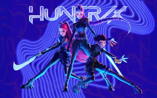 KPop Demon Hunters 8K Ultra HD PC desktop wallpaper: three neon-lit futuristic demon hunters in dynamic K-pop style poses wielding blades against a swirling purple-blue background.