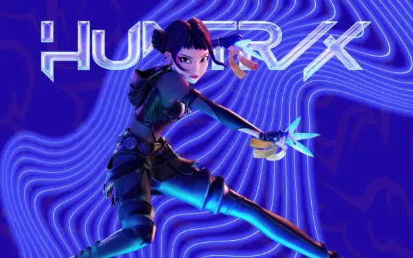 KPop Demon Hunters character in a dynamic battle pose wielding glowing blades against a swirling electric-blue backdrop — 8K Ultra HD PC desktop wallpaper/background.