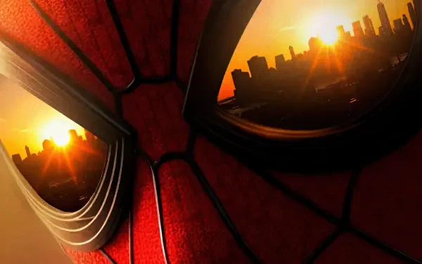 Close-up of Spider-Man mask reflecting a golden city sunrise, labeled Spider-Man: Brand New Day — 4K Ultra HD PC desktop wallpaper/background
