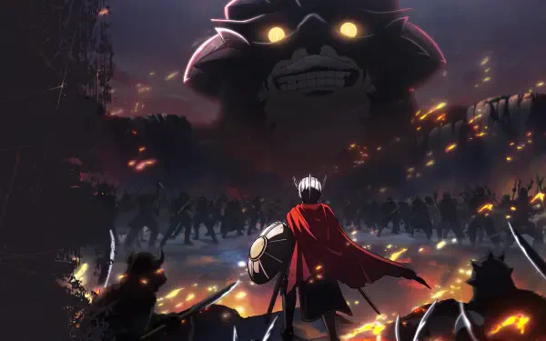 Anime HD PC desktop wallpaper: The Warrior Princess stands with shield and red cape before a torchlit battlefield, confronting the colossal Barbaric King whose grim face looms above.