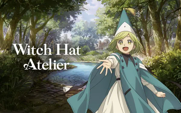 4K Ultra HD PC desktop wallpaper: Coco from Witch Hat Atelier in anime style, smiling and reaching out in a sunlit riverside forest wearing her witch cloak.