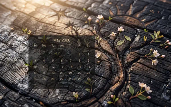 May 2026 Calendar overlaid on a textured tree-ring stump with delicate blossoms and warm sunlight — 5K Ultra HD PC desktop wallpaper and background.