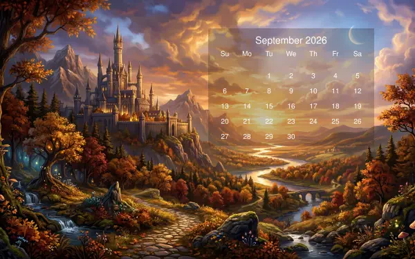 September 2026 calendar overlay on a 5K Ultra HD PC desktop wallpaper background — an autumn fantasy landscape with a hilltop castle, winding river, glowing sunset and forested path.