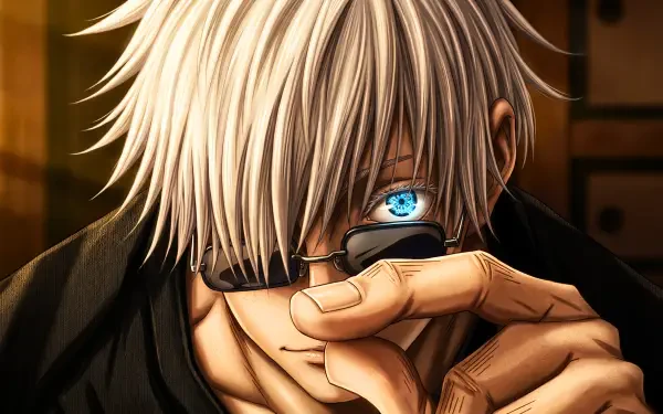 Satoru Gojo (Jujutsu Kaisen) anime wallpaper — close-up of the protagonist lifting sunglasses to reveal glowing Six Eyes, platinum hair and piercing blue gaze; 5K Ultra HD desktop background.