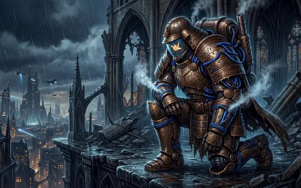 Power Armor trooper kneels on a ruined cathedral ledge in rain, overlooking a neon, devastated city — 5K Ultra HD PC desktop wallpaper/background.