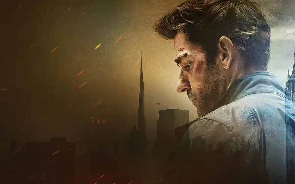 Moody 4K Ultra HD PC desktop wallpaper of Jack Ryan in profile, bruised and determined, overlooking a twilight city skyline with embers and cinematic lighting.