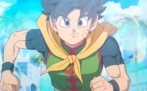 HD PC desktop wallpaper from video game Dragon Ball Xenoverse 3: young Saiyan in green outfit and yellow scarf dashing toward viewer beneath a bright blue sky.