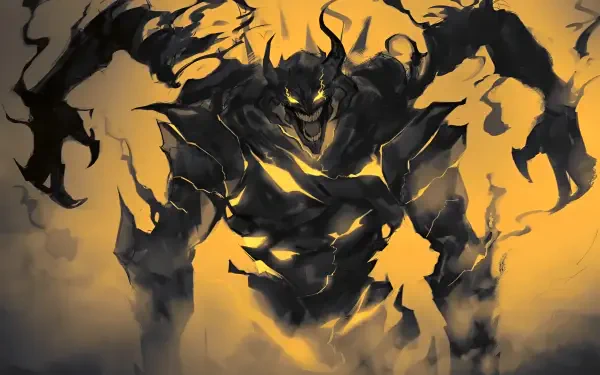 HD PC desktop wallpaper background for the novel Shadow Slave (Webnovel): a towering shadow monster with glowing yellow eyes and molten fissures emerging from black smoke.