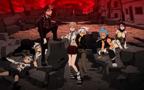 Soul Eater anime 5K Ultra HD PC desktop wallpaper: Maka Albarn, Soul Evans, Death the Kid and crew posed on cracked ground beneath a blood-red sky.