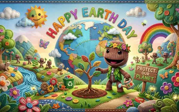 2K Quad HD PC desktop wallpaper - Sackboy from LittleBigPlanet (video game) celebrates Earth Day planting a tree before a stitched globe with a 'Happy Earth Day' banner and Protect Our Planet sign.
