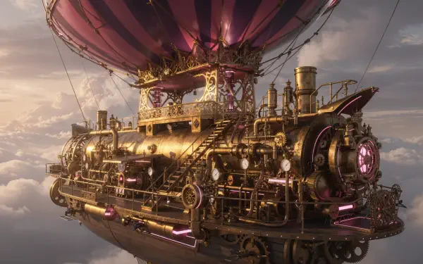 Steampunk airship of brass, gears and pipes beneath a striped balloon drifting over clouds — 4K Ultra HD PC desktop wallpaper and background.